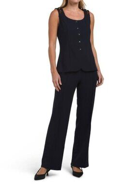CHLOE & JASMINE 2pc Tortoise Trim Vest And Pintuck Pants Set